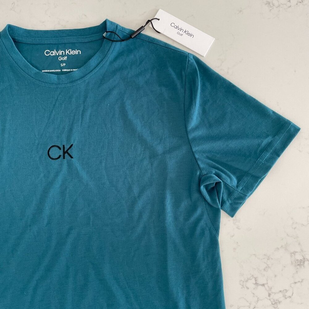 Calvin Klein Golf SS Crew Nk 100% Polyester CK Logo Tech T Shirt Teal Green Sz S - Picture 2 of 12